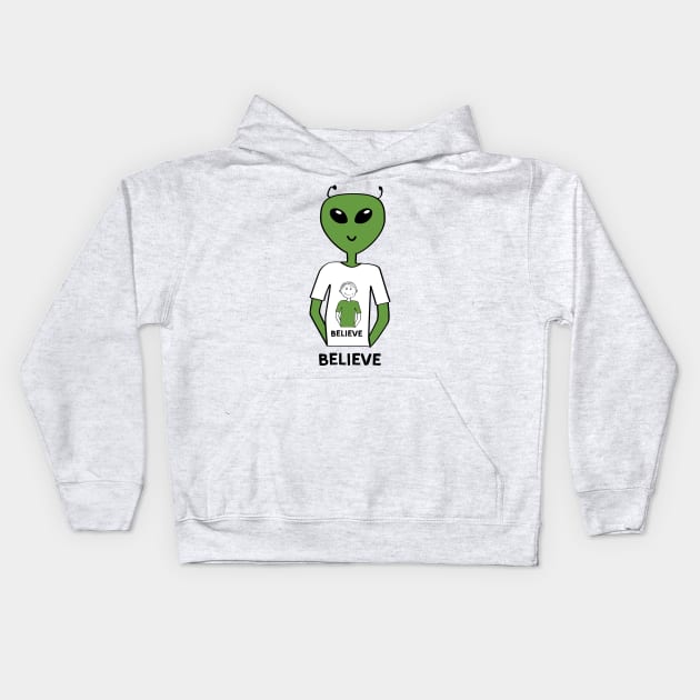 "Believe" T-shirt with Alien Wearing a T-shirt with a Human (Guy) No 2 Kids Hoodie by Markadesign